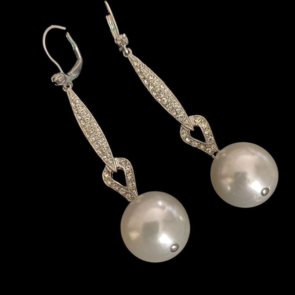 Vintage Earrings Germany Dangle Pierced Simulated Pearl Clear Rhinestones